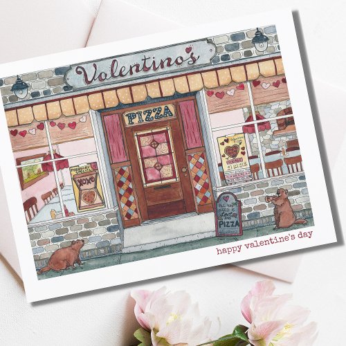 Happy Valentines Day Pizza Shop Watercolor Card