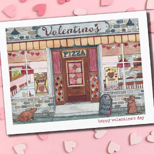 Happy Valentine's Day Pizza Shop Watercolor Holiday Postcard