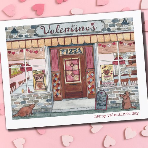 Happy Valentines Day Pizza Shop Watercolor Holiday Postcard