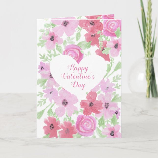 Happy Valentine's Day Pretty Pink Floral Card (Front)