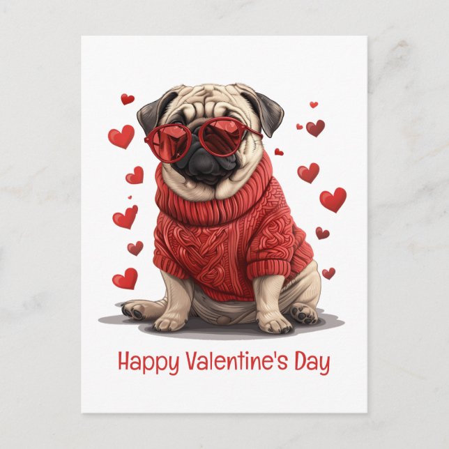 Happy Valentines Day Pug Dog Postcard (Front)