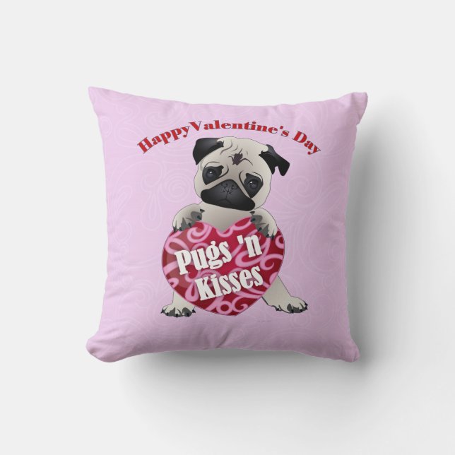 Happy Valentines Day Pugs N Kisses Pug Tees, Gifts Throw Pillow (Front)
