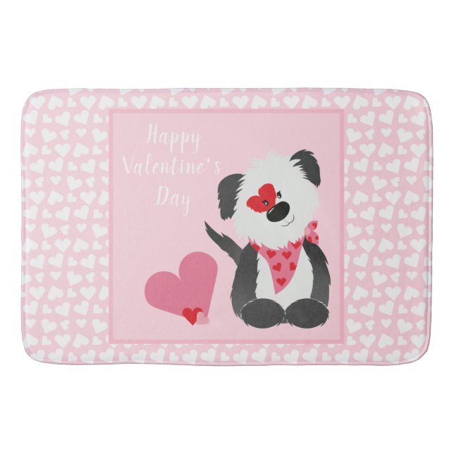 Happy Valentines Day Puppy Hearts Pink Bath Mat (Front)