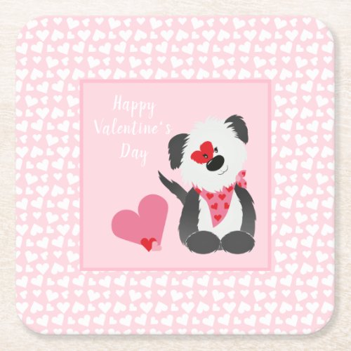 Happy Valentines Day Puppy Hearts Pink Square Paper Coaster