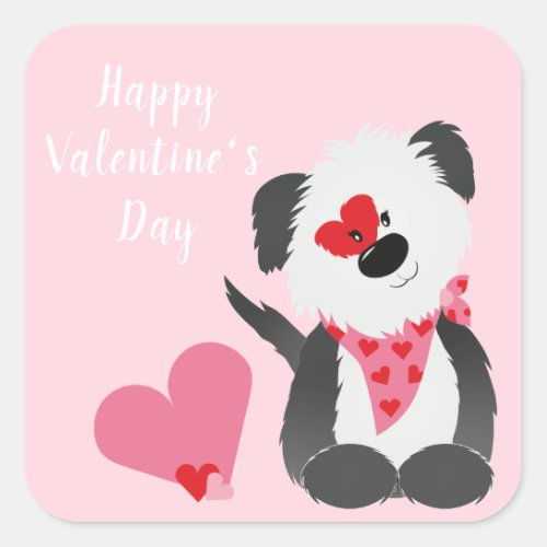 Happy Valentines Day Puppy Hearts Pink Square Sticker