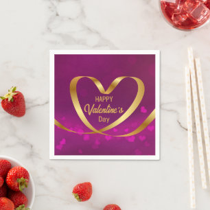 Happy Valentine's Day Purple Gold Heart Ribbon Napkins