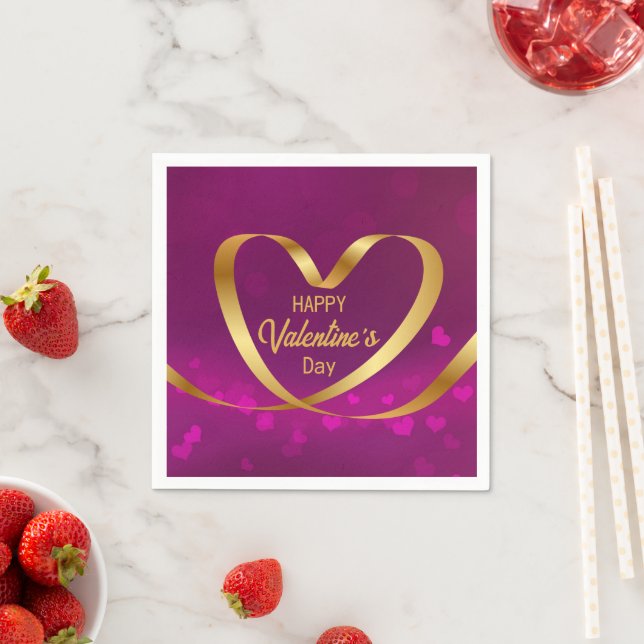 Happy Valentine's Day Purple Gold Heart Ribbon Napkins (Insitu)