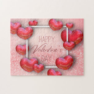 Happy Valentine's Day Red 3D Hearts Glitter Jigsaw Puzzle