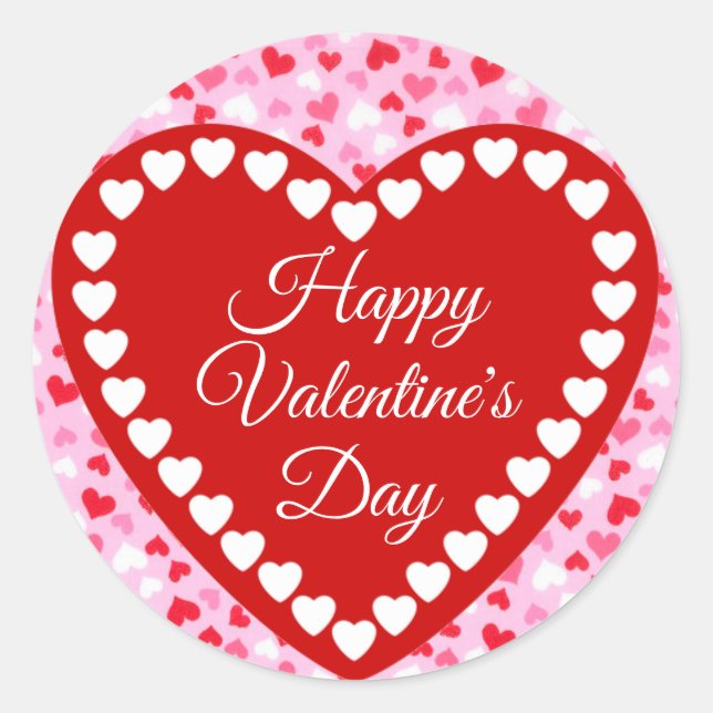 Happy Valentine's Day Red and Pink Heart Classic Round Sticker (Front)