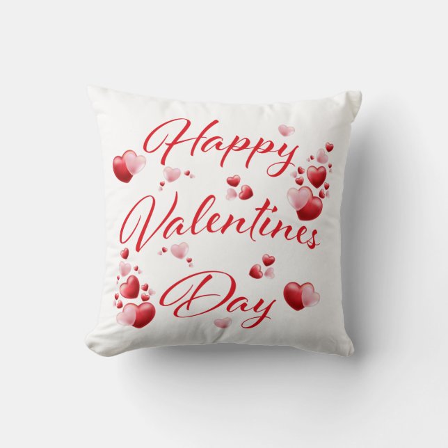 Happy Valentines Day Red and Pink Hearts Pillow (Front)