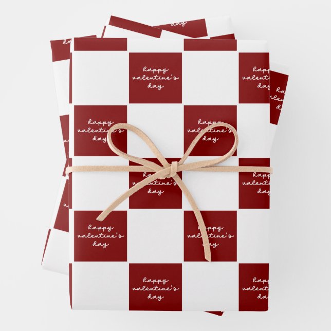 Happy Valentine's Day Red and White Check Pattern Wrapping Paper Sheets (In situ)