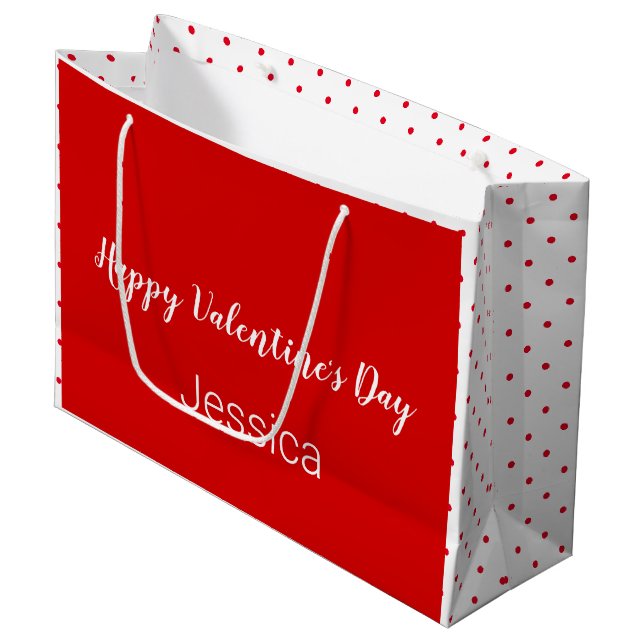 Happy Valentine's Day Red and White Name Dots Large Gift Bag (Front Angled)