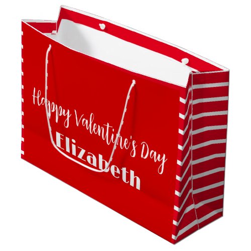 Happy Valentines Day Red and White Stripes Name  Large Gift Bag
