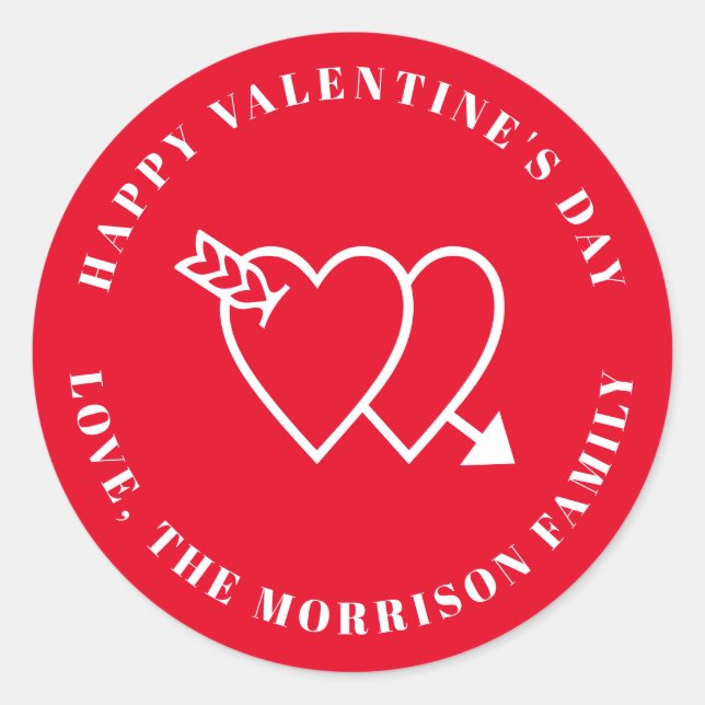 Happy Valentine's Day red cute hearts custom text Classic Round Sticker (Front)