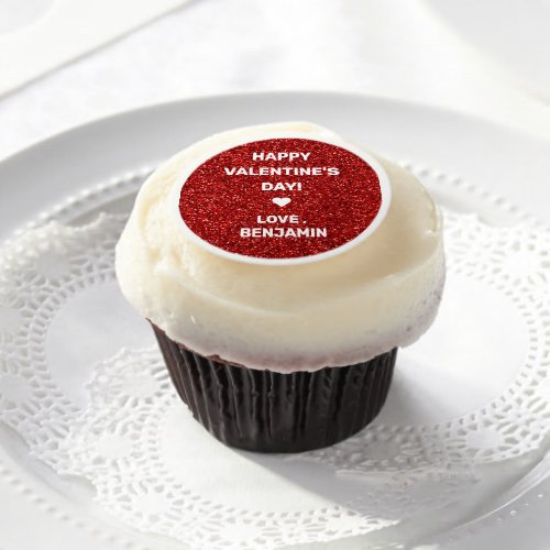 Happy Valentines Day Red Glitter Custom Name  Edible Frosting Rounds