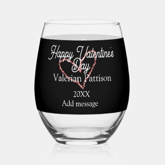 Happy Valentine's day red glitter heart black name Stemless Wine Glass