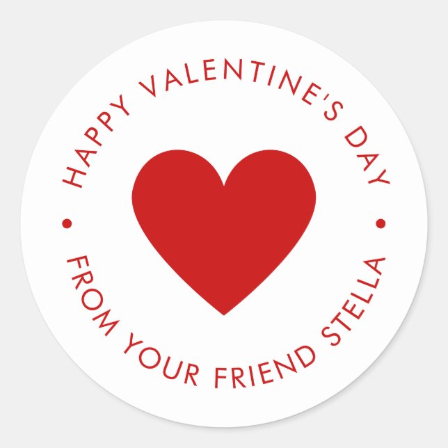 Happy Valentine's Day Red Heart  Classic Round Sticker (Front)