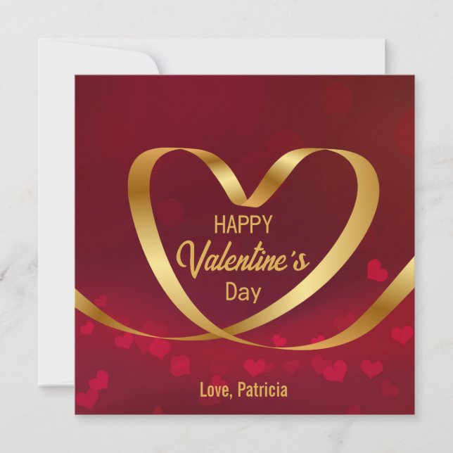 Happy Valentine's Day Red Heart Gold Ribbon Holiday Card (Front)