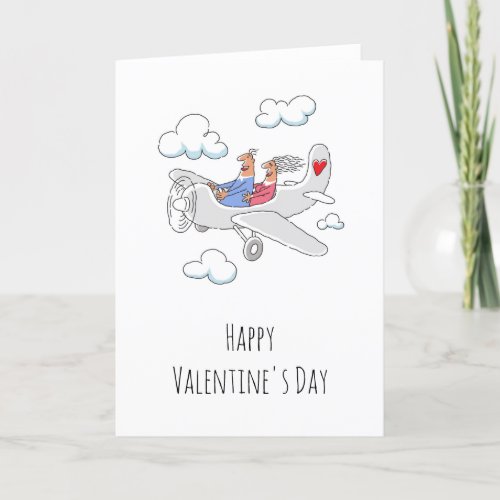 Happy Valentines Day Red Heart Lovers Airplane Holiday Card