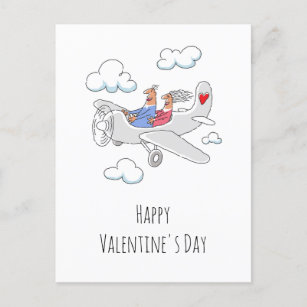 Happy Valentine's Day Red Heart Lovers Airplane Holiday Postcard