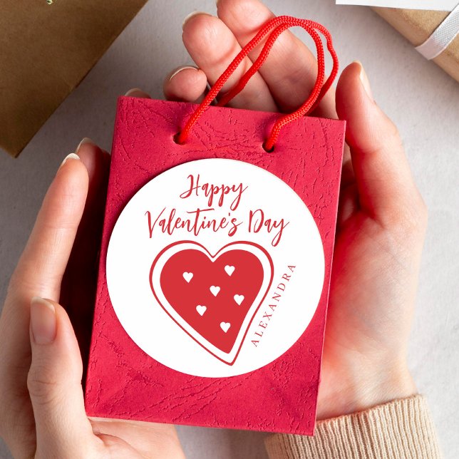 Happy Valentines Day red heart modern script Classic Round Sticker (Creator Uploaded)
