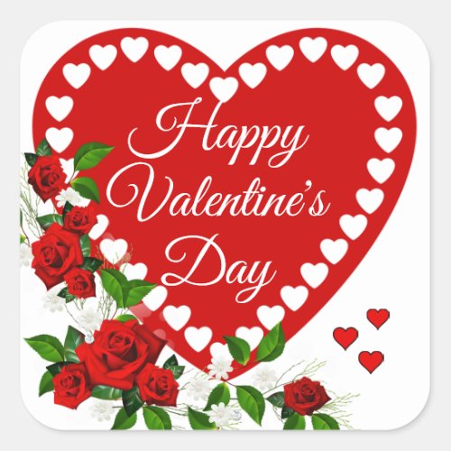 Happy Valentines Day Red Heart  Roses Square Sticker