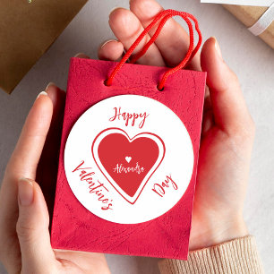 Happy Valentines Day red heart script name Classic Round Sticker