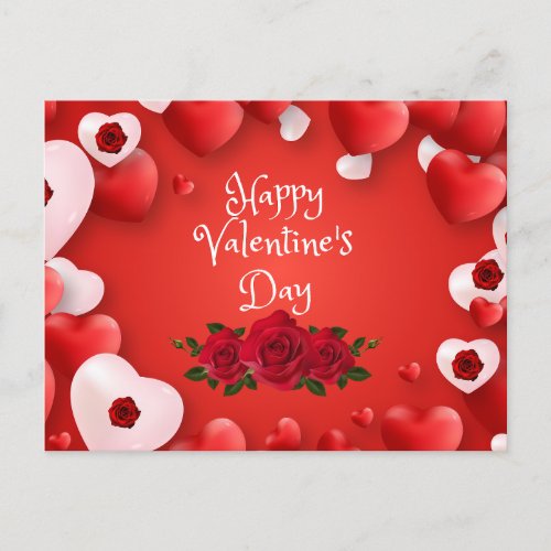 Happy Valentines Day Red Hearts and Roses  Postcard