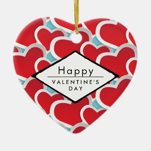 happy Valentines Day Red Hearts Ceramic Ornament