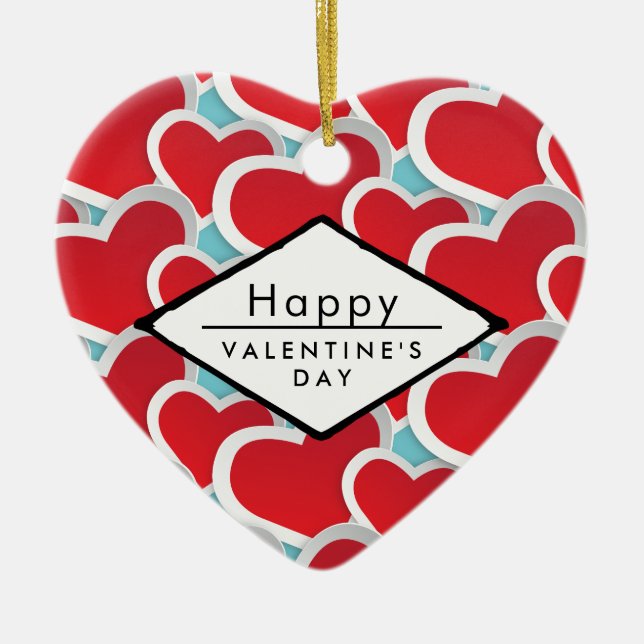 happy Valentine's Day Red Hearts Ceramic Ornament (Front)
