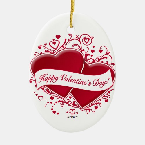 Happy Valentines Day Red Hearts Ceramic Ornament