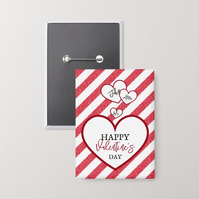 Happy Valentine's Day Red Hearts Chalk Stripes Button (Front/Back)