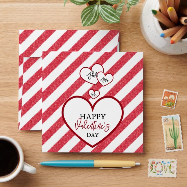 Happy Valentine's Day Red Hearts Chalk Stripes Envelope (Desk)
