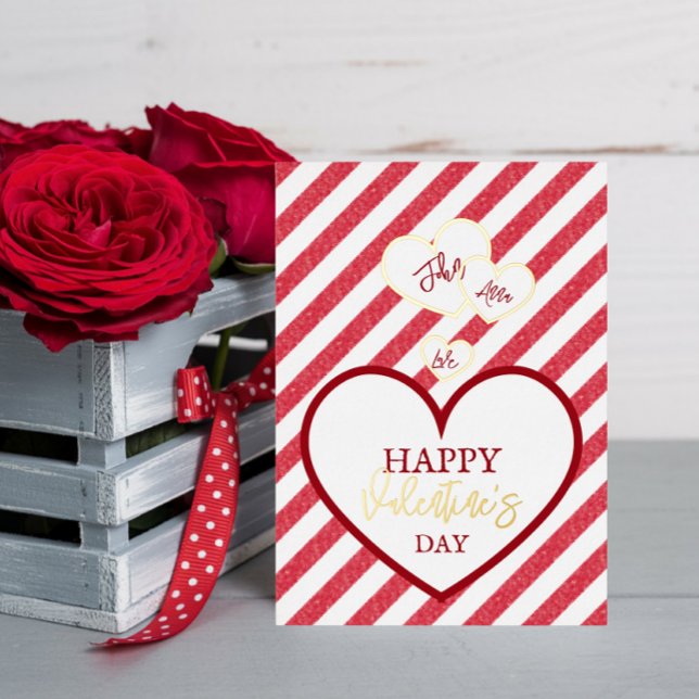 Happy Valentine's Day Red Hearts Chalk Stripes Foil Holiday Card (Creator Uploaded)