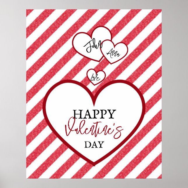 Happy Valentine's Day Red Hearts Chalk Stripes Poster (Front)