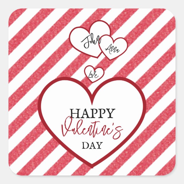 Happy Valentine's Day Red Hearts Chalk Stripes Square Sticker (Front)
