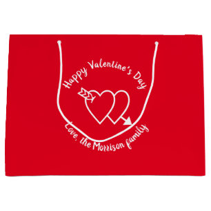 Happy Valentine's Day red hearts custom script Large Gift Bag