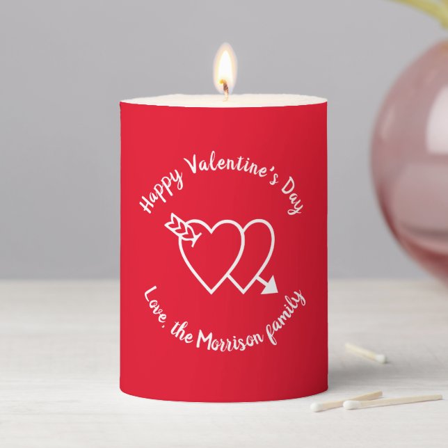 Happy Valentine's Day red hearts custom script Pillar Candle (In Situ)