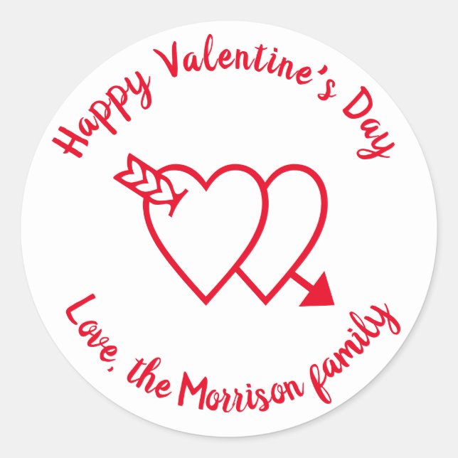Happy Valentine's Day red hearts custom text Classic Round Sticker (Front)