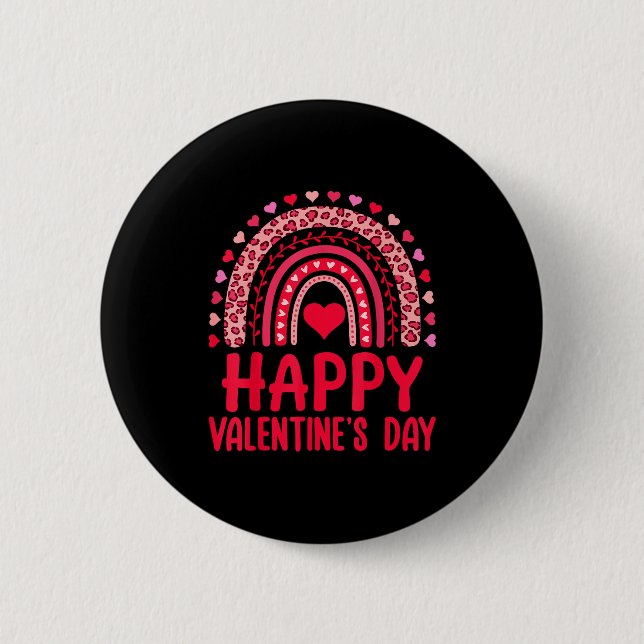 Happy Valentines Day Red Hearts Rainbow Leopard Wo Button (Front)