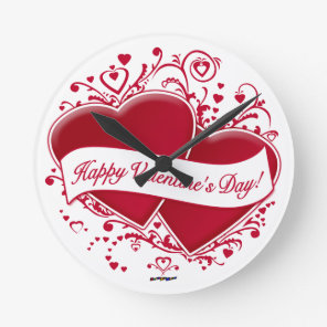 Happy Valentine's Day! Red Hearts Round Clock