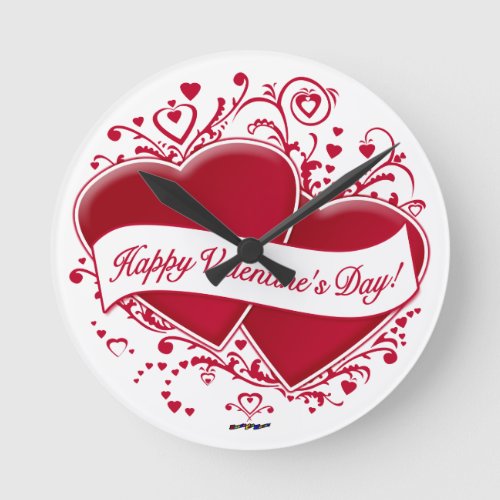 Happy Valentines Day Red Hearts Round Clock