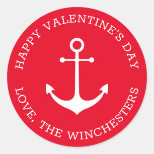 Happy Valentine's Day red nautical anchor custom Classic Round Sticker