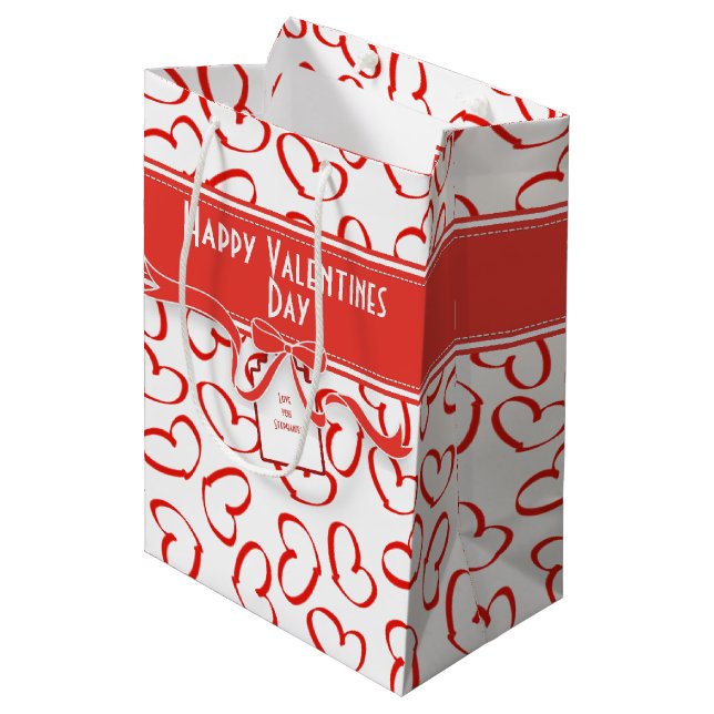 Happy Valentine's Day Red Open Hearts Pattern Medium Gift Bag (Front Angled)