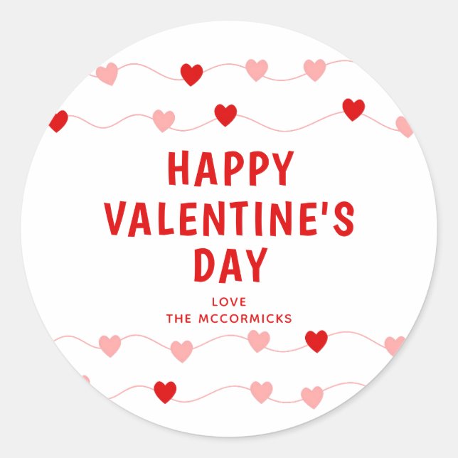 Happy Valentine's Day Red Pink Hearts Personalized Classic Round Sticker (Front)