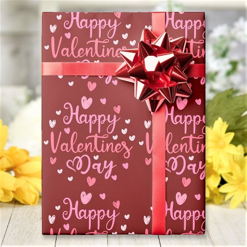 Happy Valentines Day Red Pink Script Hearts Wrapping Paper