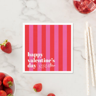 Happy Valentine's Day Red Pink Stripe Paper Napkins