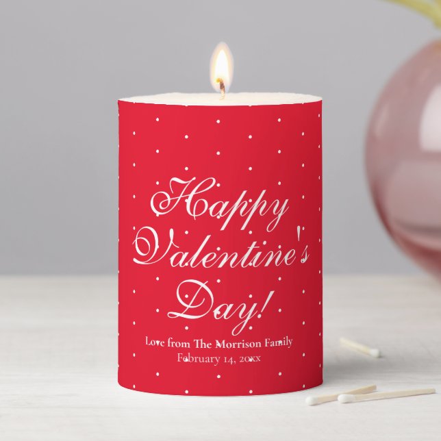 Happy Valentine's Day red polka dots custom script Pillar Candle (In Situ)