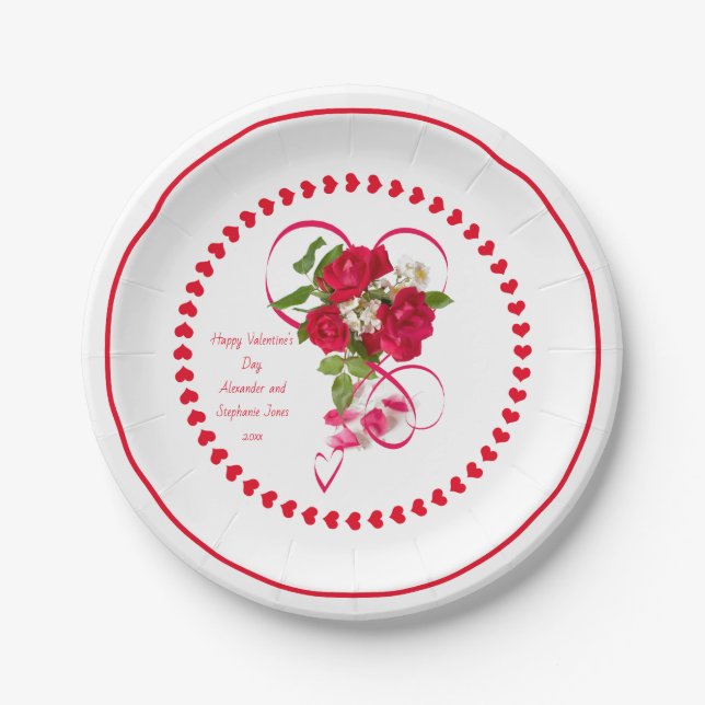Happy Valentine's Day Red Rose Photo & Ribbon Paper Plates (Front)