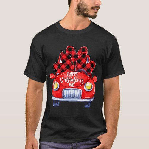 Happy Valentines Day Red Truck Buffalo Plaid Hear T_Shirt